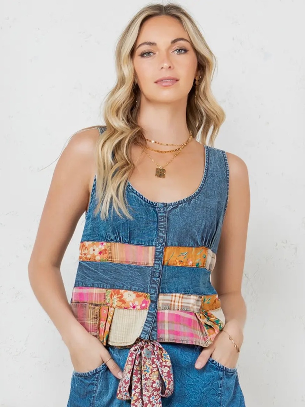 YOUNG THREADS Denim Patchwork Tie-Front Tank Top NWT